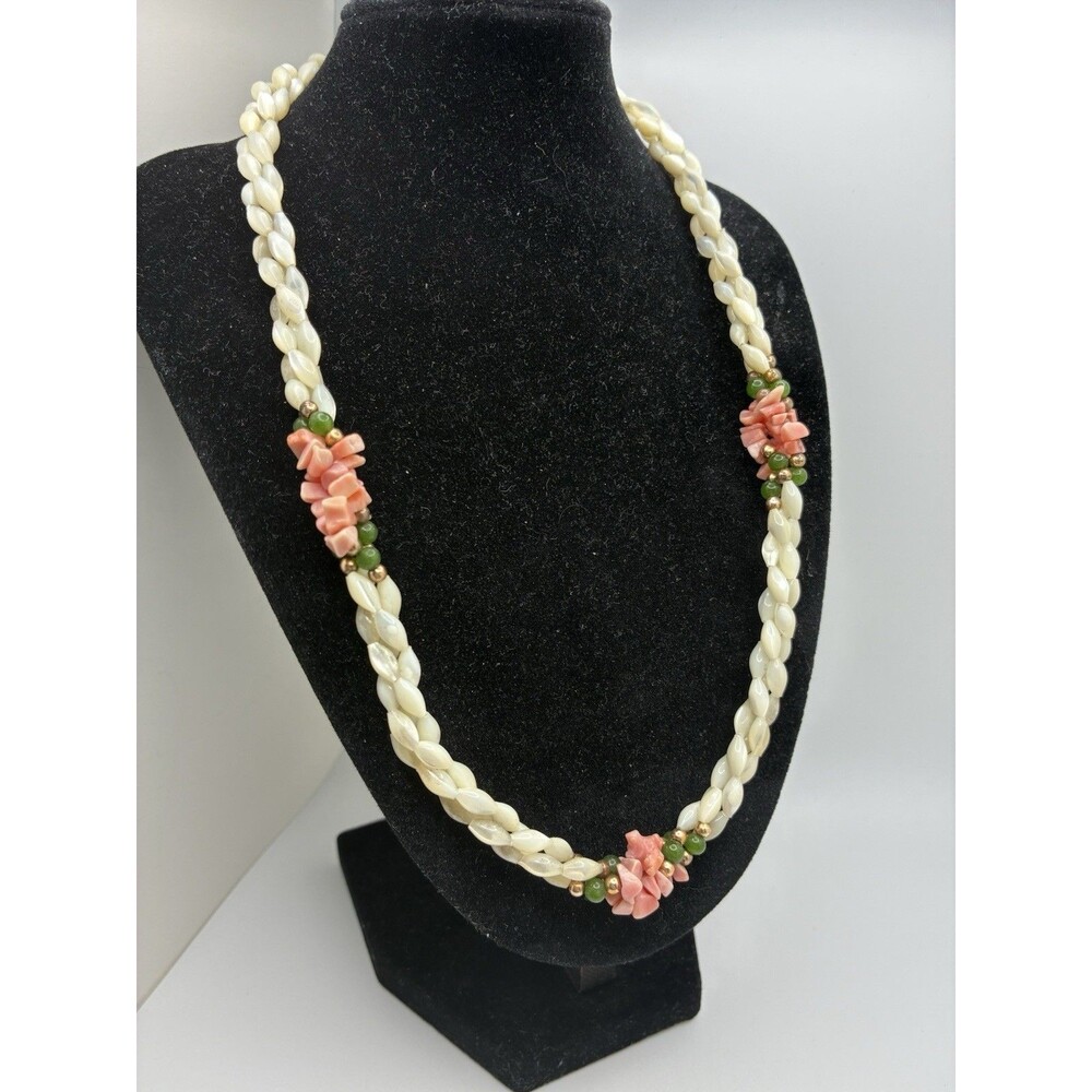 Mother of Pearl Coral Jade Bead Station Necklace Gold Tone VTG